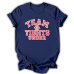 A navy blue short-sleeve t-shirt with a pink graphic on the front that reads 'TEAM TIGHTS UNDER' with a ribbon motif, shown on a white background.