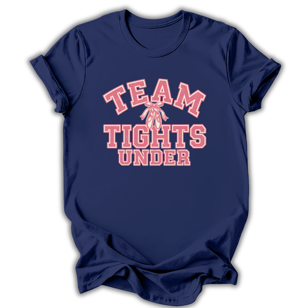 A navy blue short-sleeve t-shirt with a pink graphic on the front that reads 'TEAM TIGHTS UNDER' with a ribbon motif, shown on a white background.
