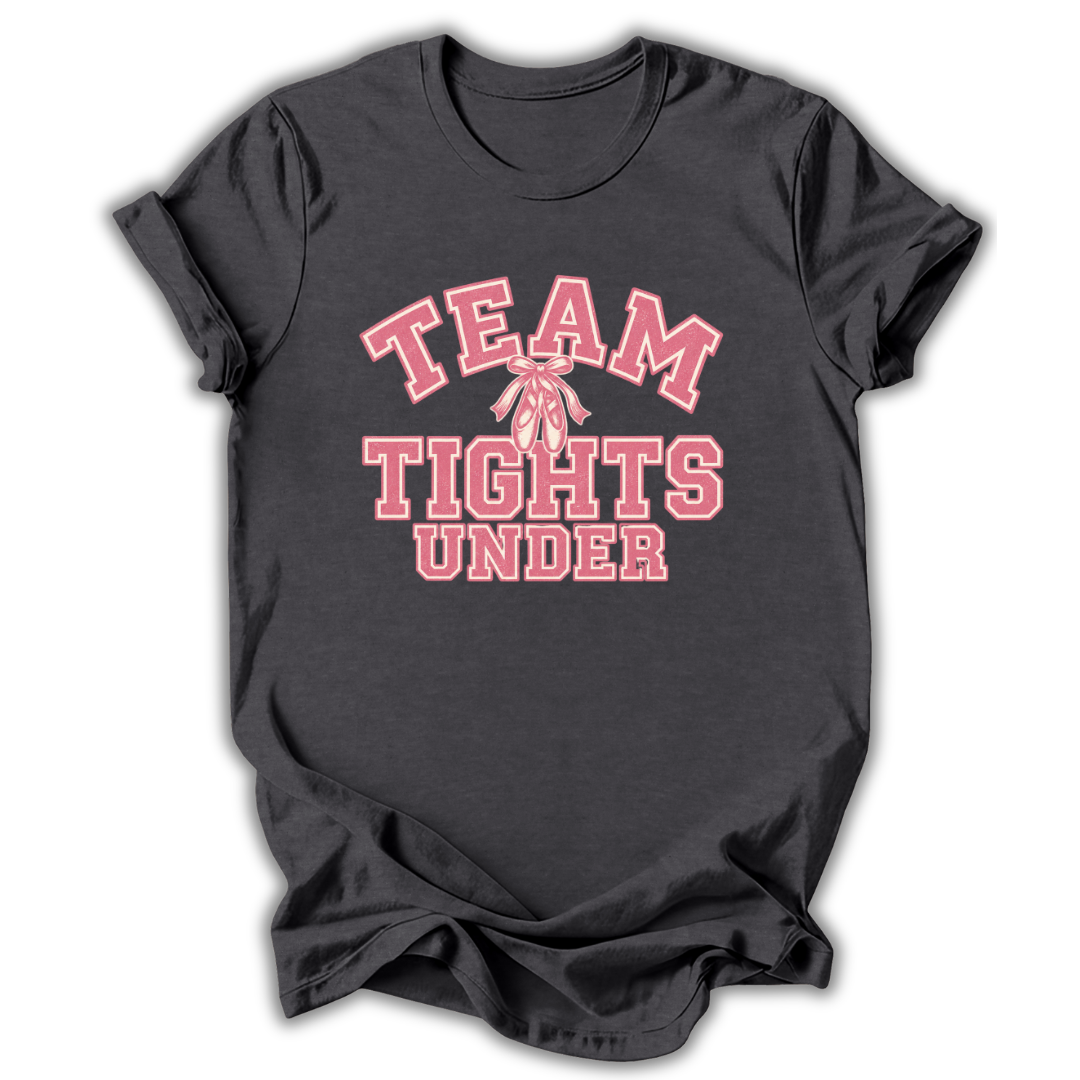 A dark charcoal gray t-shirt with a pink graphic reading 'TEAM TIGHTS UNDER' and a pink ribbon in the center, displayed on a clean white background.
