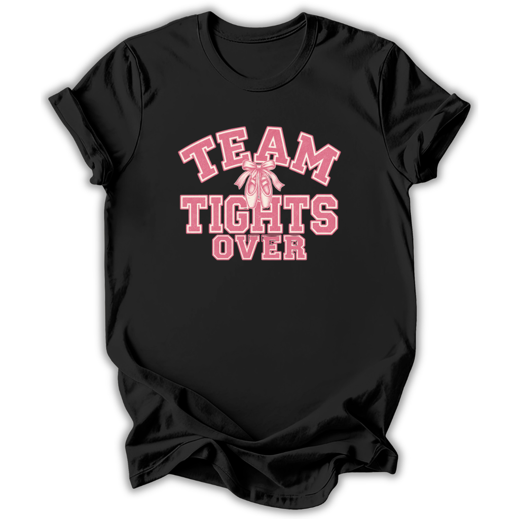 A black short-sleeve crewneck t-shirt with a pink graphic on the front reading 'TEAM TIGHTS OVER' in varsity-style lettering, with a pink ribbon motif in the center, shown on a plain white background.