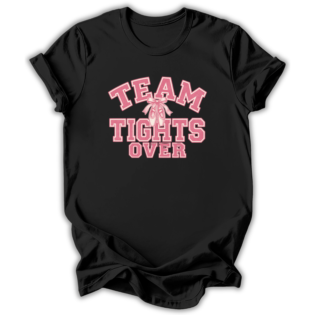 A black short-sleeve crewneck t-shirt with a pink graphic on the front reading 'TEAM TIGHTS OVER' in varsity-style lettering, with a pink ribbon motif in the center, shown on a plain white background.