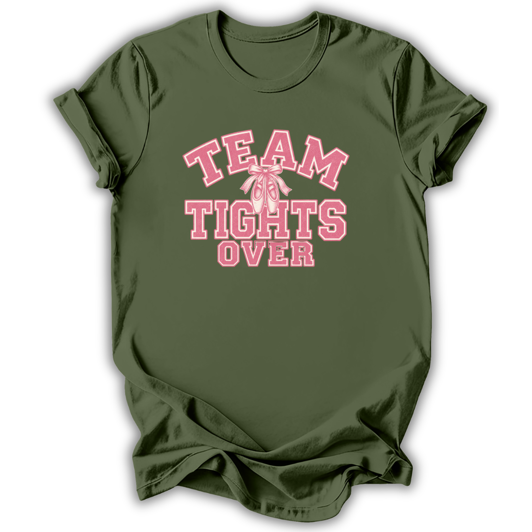 An olive green short-sleeve t-shirt with a pink graphic on the front that reads 'TEAM TIGHTS OVER' with a pink ribbon bow detail, displayed on a clean white background.