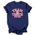 A navy blue short-sleeve t-shirt with a pink graphic on the front reading 'TEAM TIGHTS OVER' and a pink ribbon detail, shown on a white background.