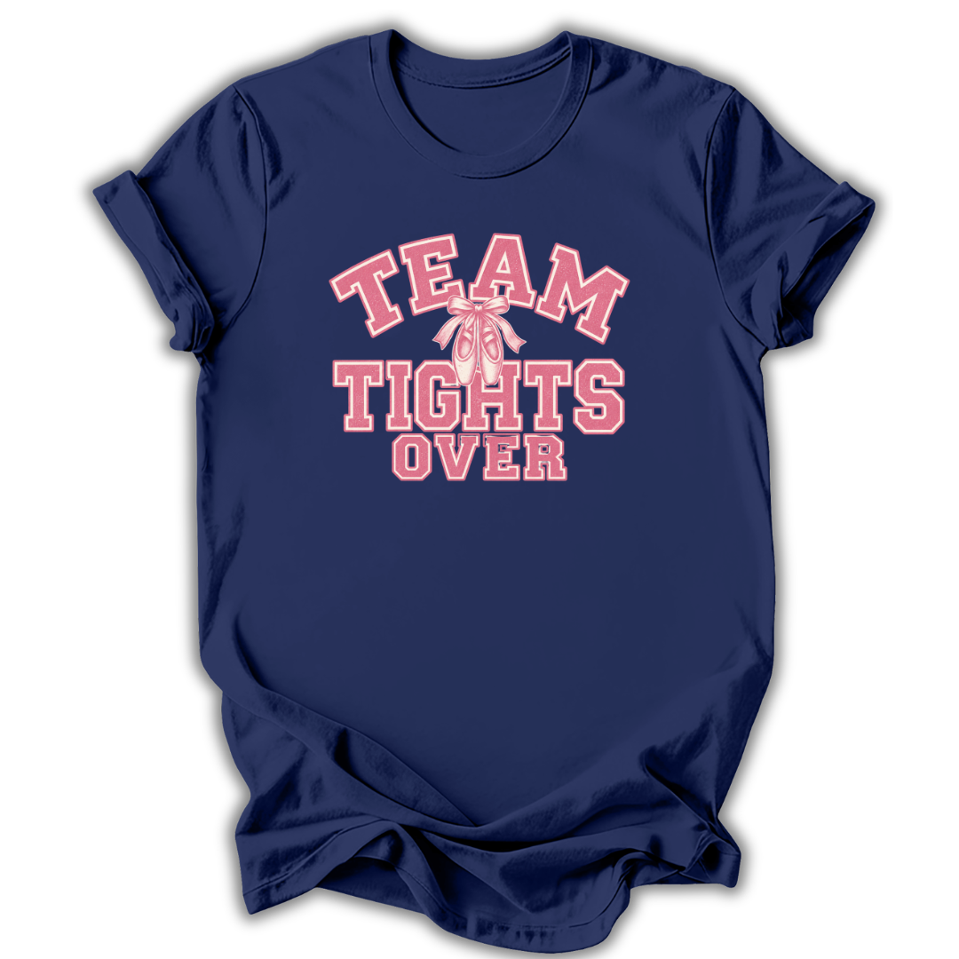 A navy blue short-sleeve t-shirt with a pink graphic on the front reading 'TEAM TIGHTS OVER' and a pink ribbon detail, shown on a white background.