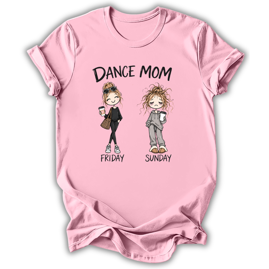 A light pink short-sleeve t-shirt with a graphic print on the front. The print features the text 'DANCE MOM' above two cartoon characters labeled 'FRIDAY' and 'SUNDAY'.