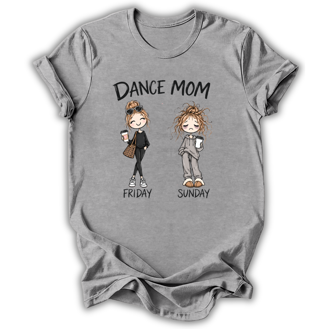 A heather gray short-sleeve t-shirt with a graphic print that reads 'DANCE MOM' above two cartoon women labeled 'FRIDAY' and 'SUNDAY'.