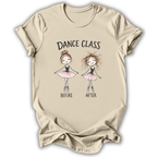 A beige short-sleeve t-shirt with a graphic print of two cartoon ballerinas labeled 'DANCE CLASS BEFORE AFTER'.