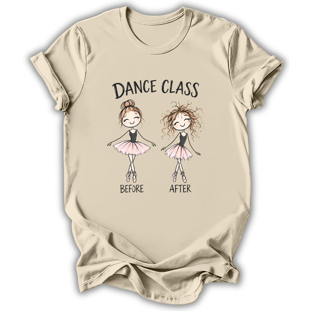 A beige short-sleeve t-shirt with a graphic print of two cartoon ballerinas labeled 'DANCE CLASS BEFORE AFTER'.