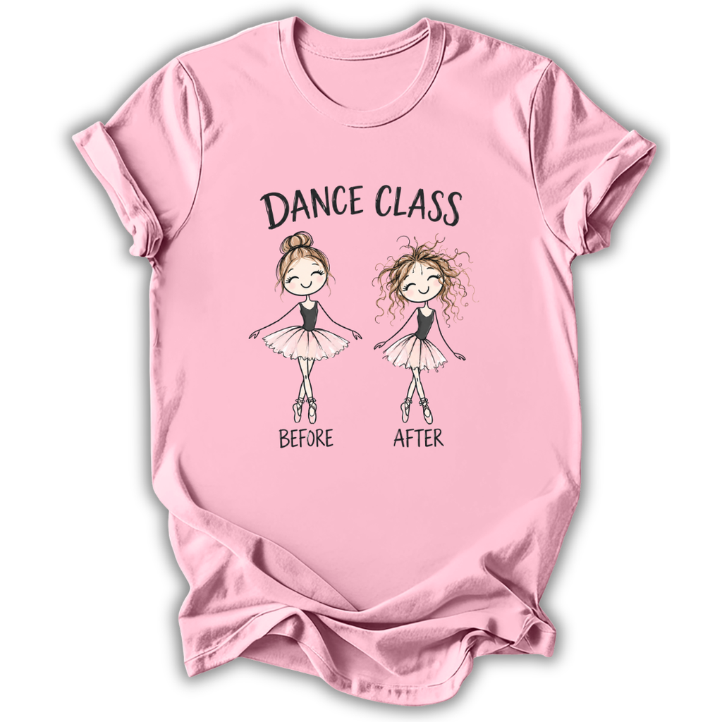 A light pink short-sleeve t-shirt with a graphic print that reads 'DANCE CLASS' above two cartoon ballerinas labeled 'BEFORE' and 'AFTER'.