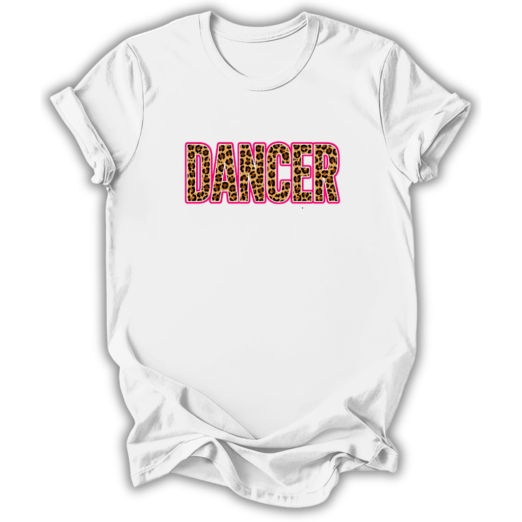 A white short-sleeve crewneck t-shirt with the word 'DANCER' printed across the chest in a leopard-print fill with a pink outline, displayed on a clean white background.