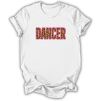 A white short-sleeve crewneck t-shirt with the word 'DANCER' printed across the chest in a leopard-print fill with a pink outline, displayed on a clean white background.