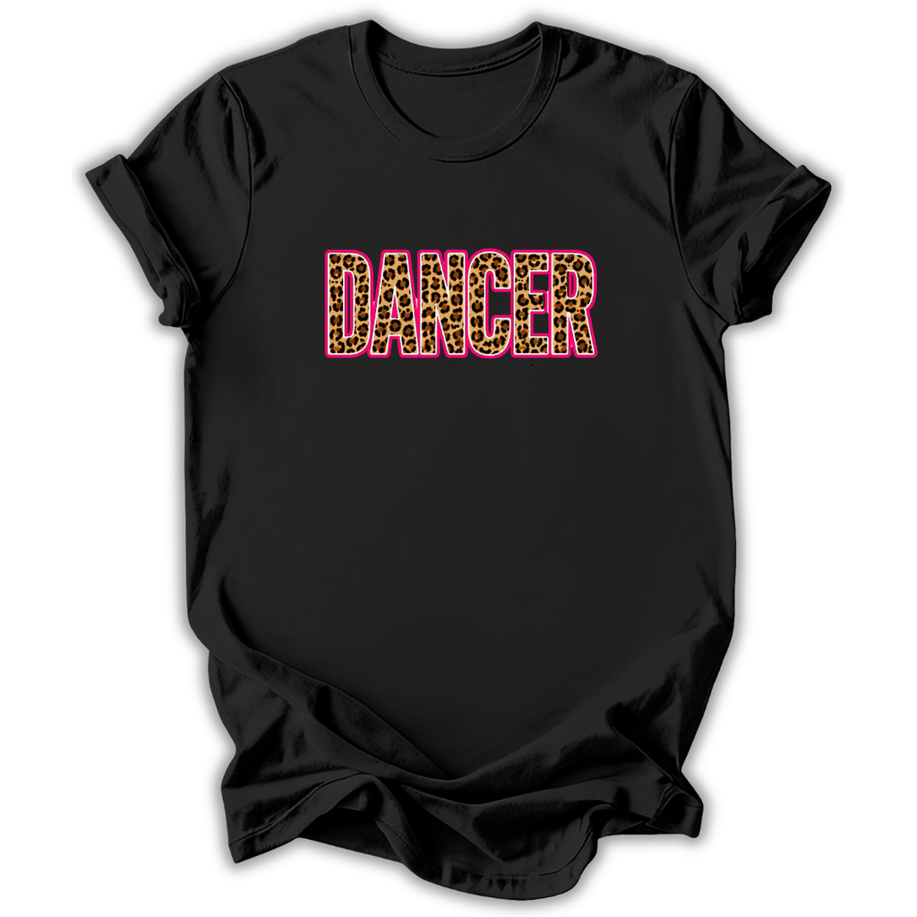 A black short-sleeve t-shirt with the word 'DANCER' printed across the chest in a leopard-print pattern outlined in pink, shown on a plain white background.