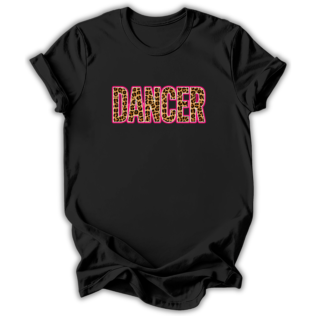 A black short-sleeve t-shirt with the word 'DANCER' printed across the chest in a leopard-print pattern outlined in pink, shown on a plain white background.