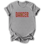 A heather gray short-sleeve t-shirt with the word 'DANCER' printed across the chest in leopard-print letters outlined in pink, shown on a white background.