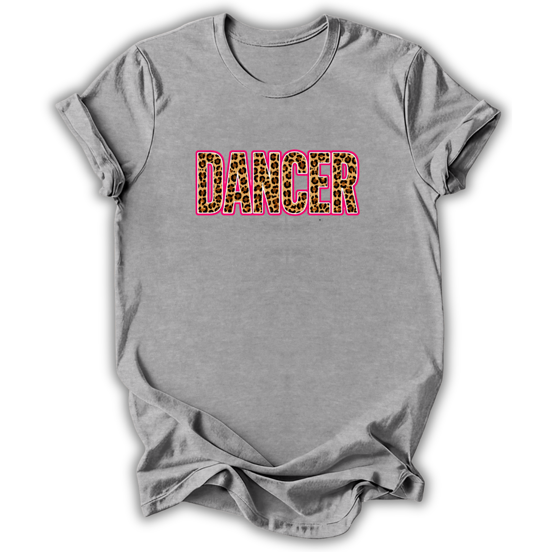 A heather gray short-sleeve t-shirt with the word 'DANCER' printed across the chest in leopard-print letters outlined in pink, shown on a white background.