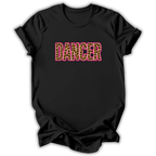 A black short-sleeve t-shirt with the word 'DANCER' printed across the chest in a leopard-print pattern outlined in pink, shown on a plain white background.