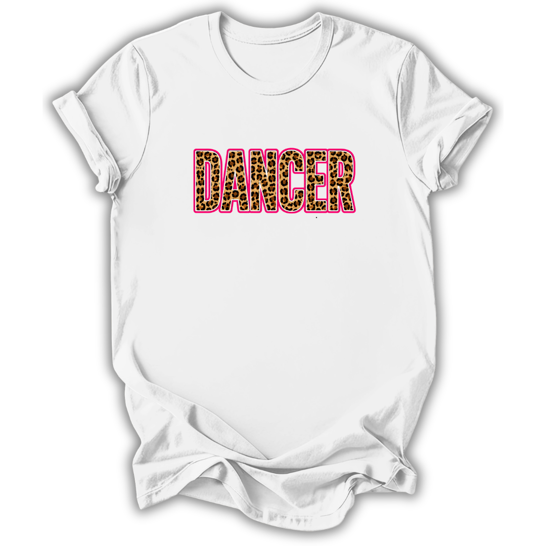 A white short-sleeve crewneck t-shirt with the word 'DANCER' printed across the chest in a leopard-print fill with a pink outline, displayed on a clean white background.