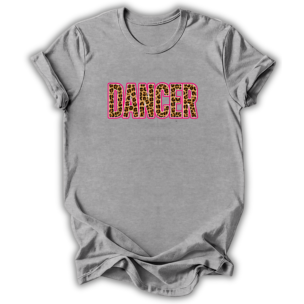A heather gray short-sleeve t-shirt with the word 'DANCER' printed across the chest in leopard-print letters outlined in pink, shown on a white background.