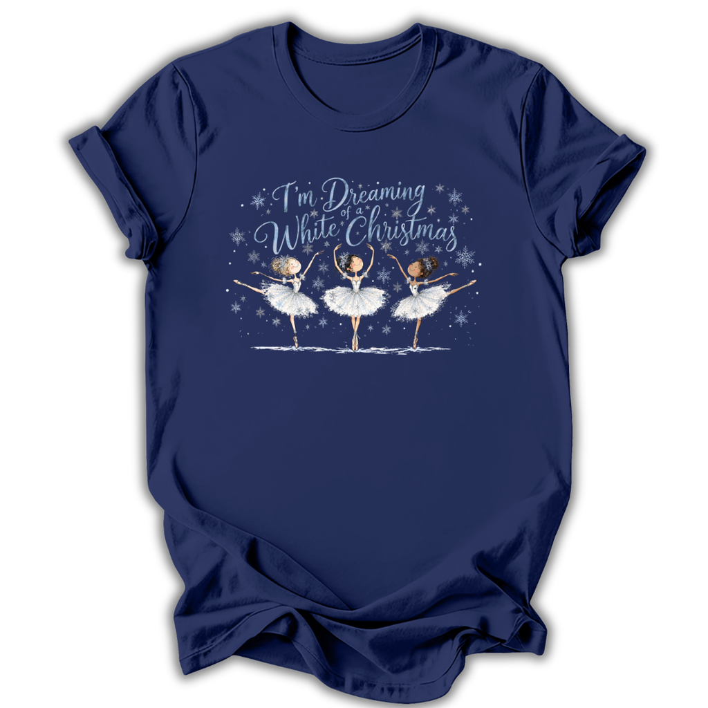 A navy blue short-sleeve t-shirt with a graphic of a ballerina in a white tutu and a gold crown, with the text 'Team Snow Queen' above it, displayed on a clean white background.