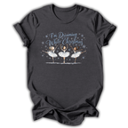 Dark gray t-shirt with a graphic of a swimsuit and text on a white background