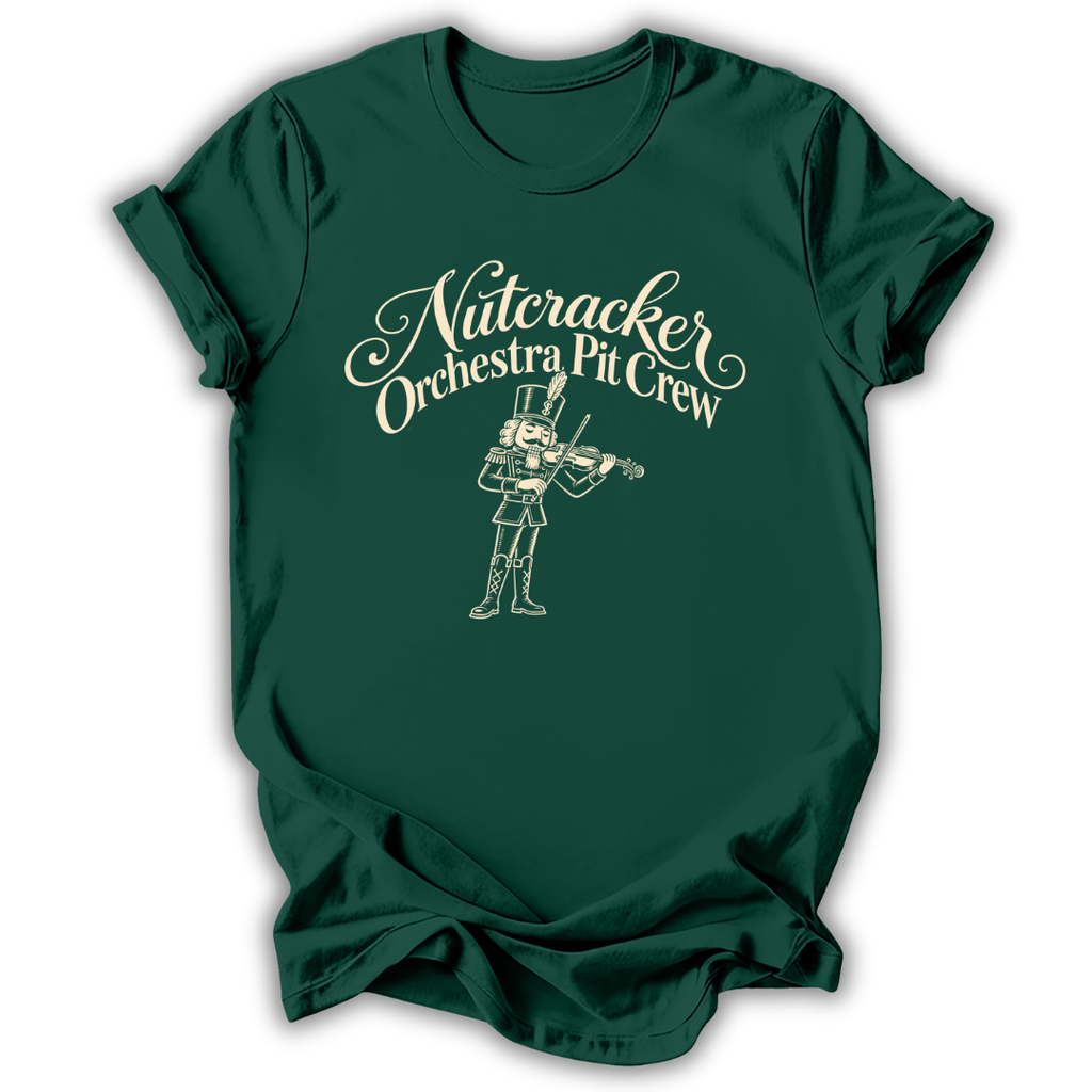 A forest green short-sleeve t-shirt printed with the “Orchestra Pit Crew” Nutcracker graphic design.