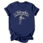A navy short-sleeve t-shirt printed with the “Orchestra Pit Crew” Nutcracker graphic design.