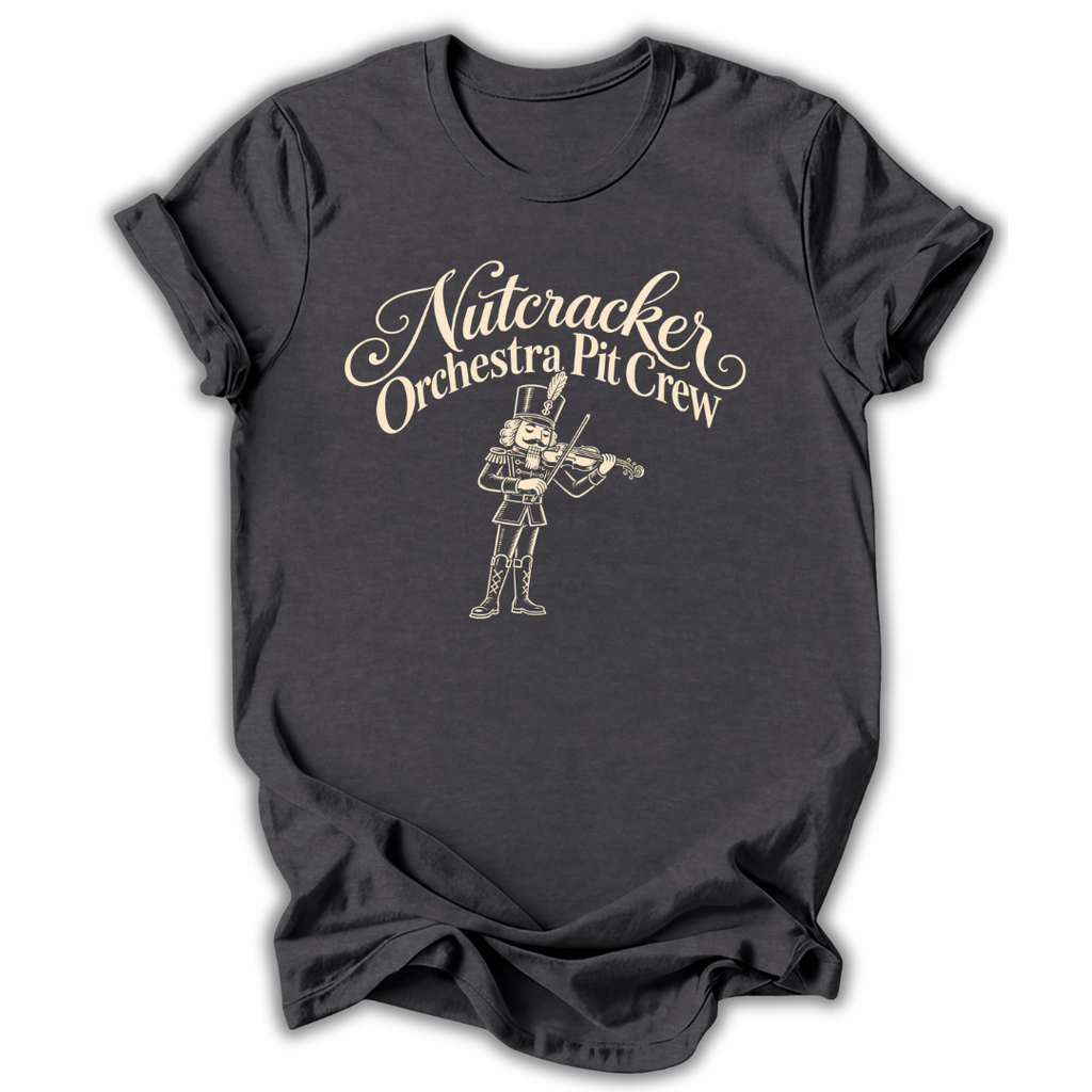 A dark heather gray short-sleeve t-shirt printed with the “Orchestra Pit Crew” Nutcracker graphic design.