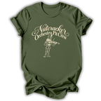 A military green short-sleeve t-shirt printed with the “Orchestra Pit Crew” Nutcracker graphic design.