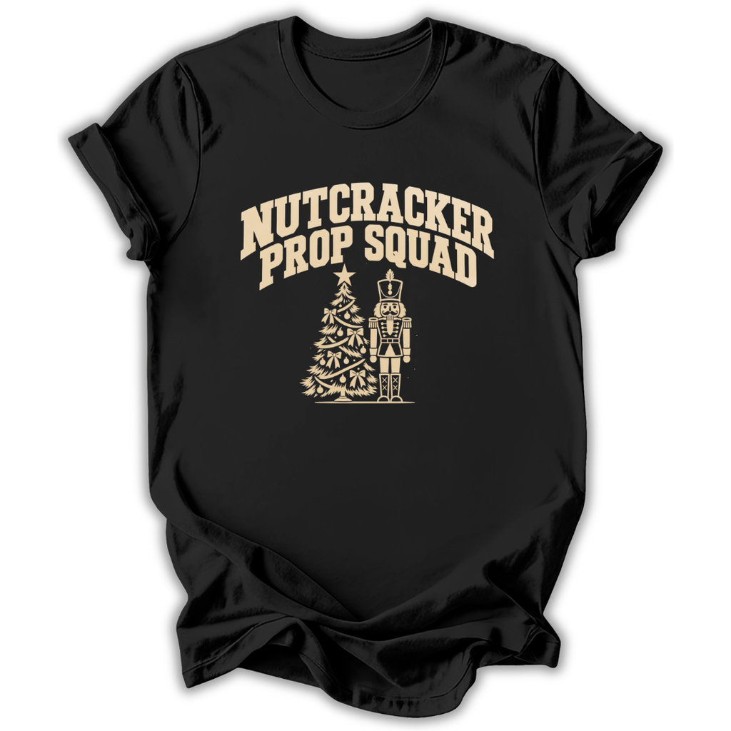A black short-sleeve t-shirt printed with the “Nutcracker Prop Squad” graphic design.