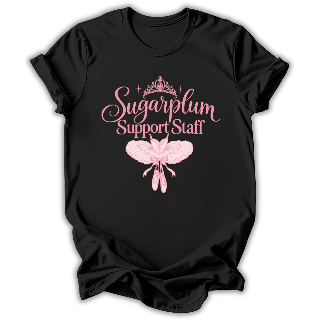A black short-sleeve t-shirt printed with the “Sugarplum Support Staff” Nutcracker graphic design.