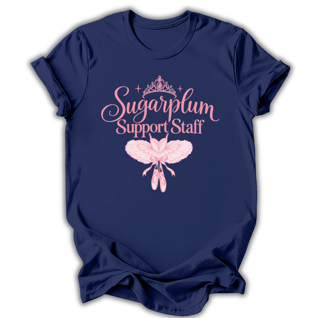 A navy short-sleeve t-shirt printed with the “Sugarplum Support Staff” Nutcracker graphic design.