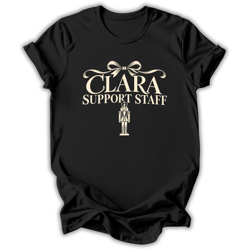 A black short-sleeve t-shirt printed with the “Clara Support Staff” Nutcracker graphic design.