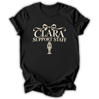 A black short-sleeve t-shirt printed with the “Clara Support Staff” Nutcracker graphic design.