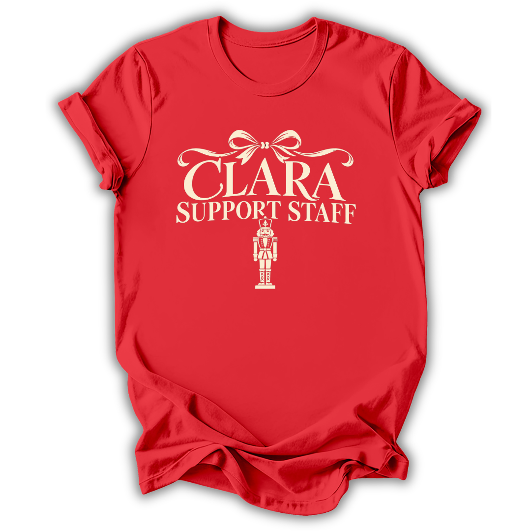 A red short-sleeve t-shirt printed with the “Clara Support Staff” Nutcracker graphic design.