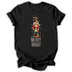 A black short-sleeve t-shirt printed with the “Merry & Bright Nutcracker” graphic design.