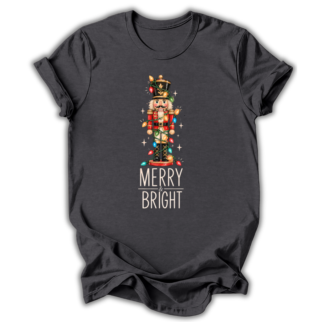 A dark heather gray short-sleeve t-shirt printed with the “Merry & Bright Nutcracker” graphic design.