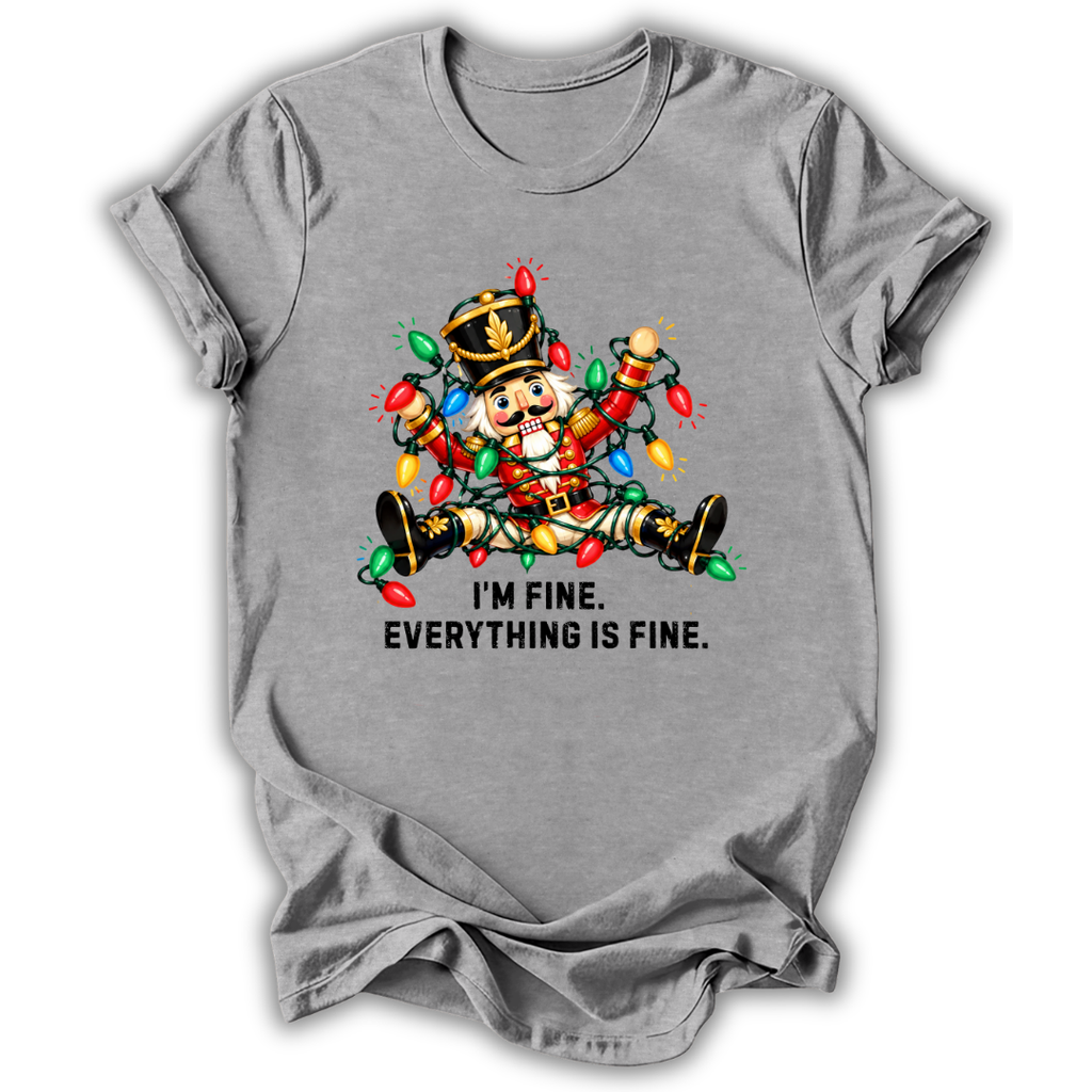 A heather gray short-sleeve t-shirt printed with the “I’m Fine Nutcracker” graphic design.