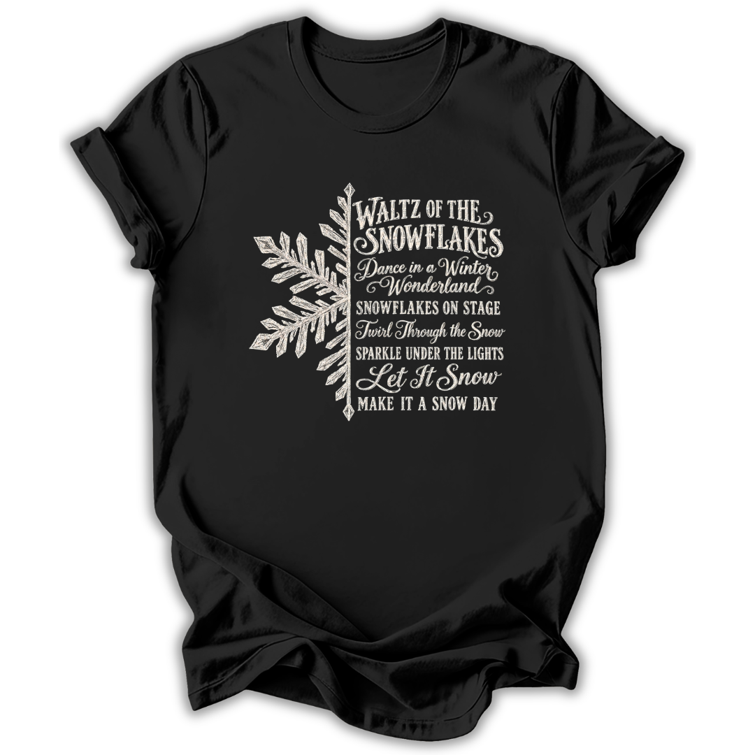 A black short-sleeve t-shirt printed with the “Nutcracker Snowflakes” graphic design.