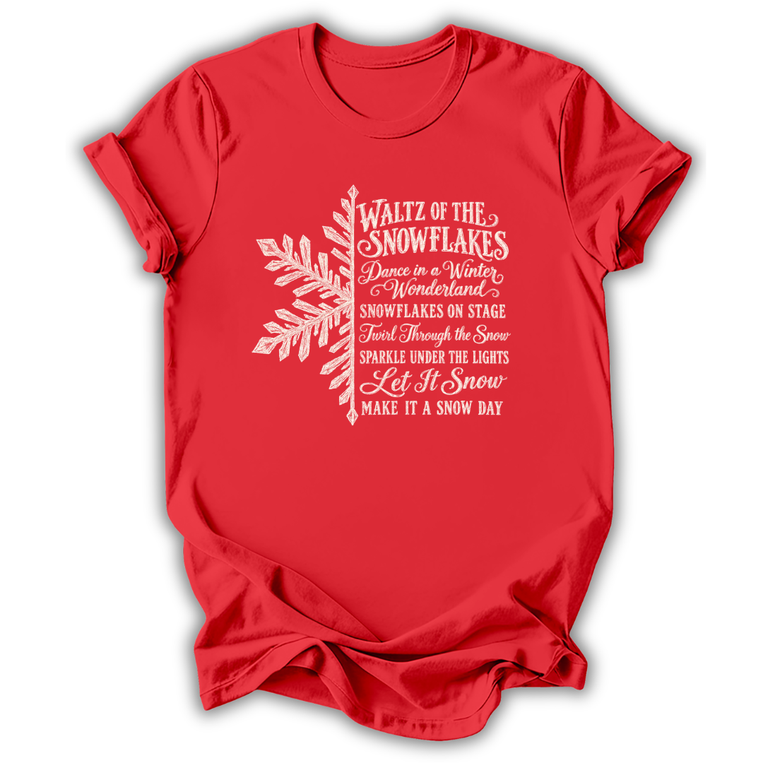 A red short-sleeve t-shirt printed with the “Nutcracker Snowflakes” graphic design.