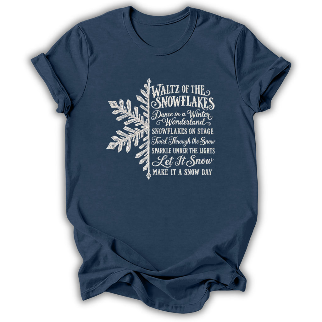 A heather navy short-sleeve t-shirt printed with the “Nutcracker Snowflakes” graphic design.