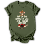 A military green short-sleeve t-shirt printed with the “I Regret Nothing” Nutcracker graphic design.