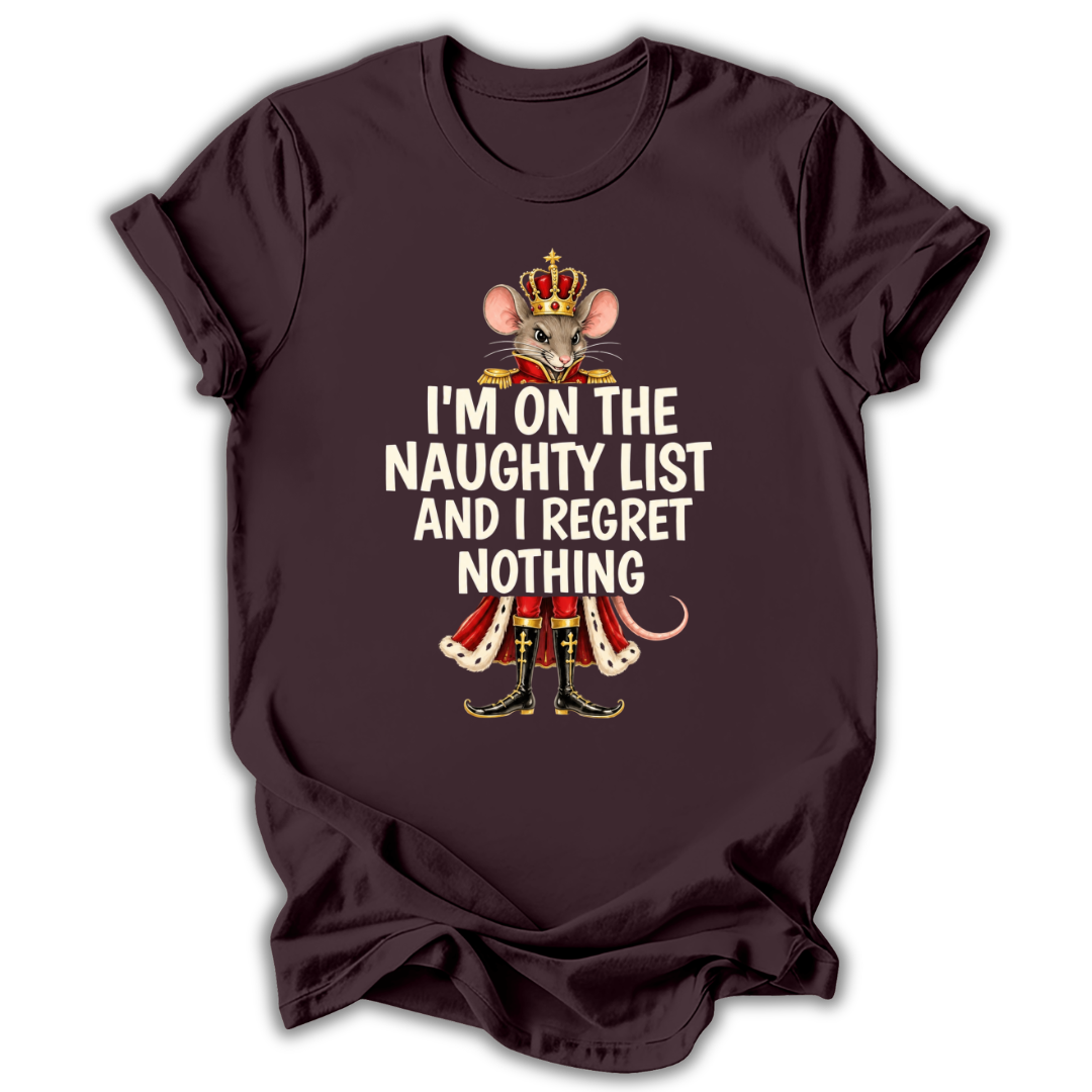 A dark chocolate brown short-sleeve t-shirt printed with the “I Regret Nothing” Nutcracker graphic design.