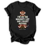 A black short-sleeve t-shirt printed with the “I Regret Nothing” Nutcracker graphic design.