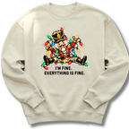 A sand-colored crewneck sweatshirt featuring a colorful nutcracker tangled in Christmas lights beneath the words 'I'm fine. Everything's fine.'