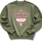 A military green crewneck sweatshirt featuring pink 'Sugarplum Support Staff' lettering with a delicate floral design.