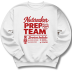 A white crewneck sweatshirt featuring a vintage-inspired red 'Nutcracker Prep Team' design.