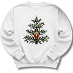 A white youth crewneck sweatshirt featuring a nutcracker nestled among evergreen branches and bright red winter berries.