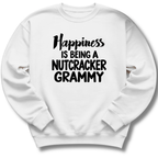 A white crewneck sweatshirt featuring a 'Happiness Is Being a Nutcracker Grammy' holiday design.