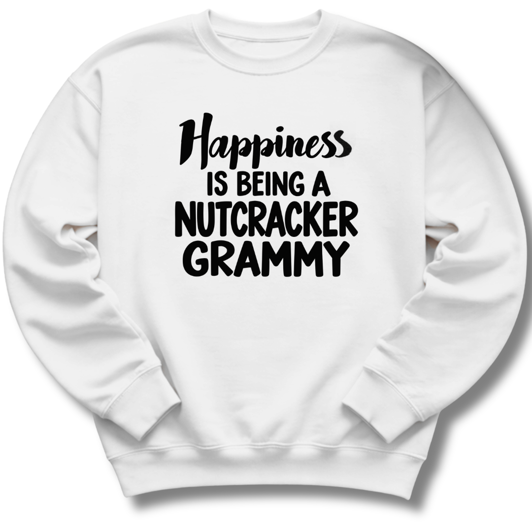 A white crewneck sweatshirt featuring a 'Happiness Is Being a Nutcracker Grammy' holiday design.