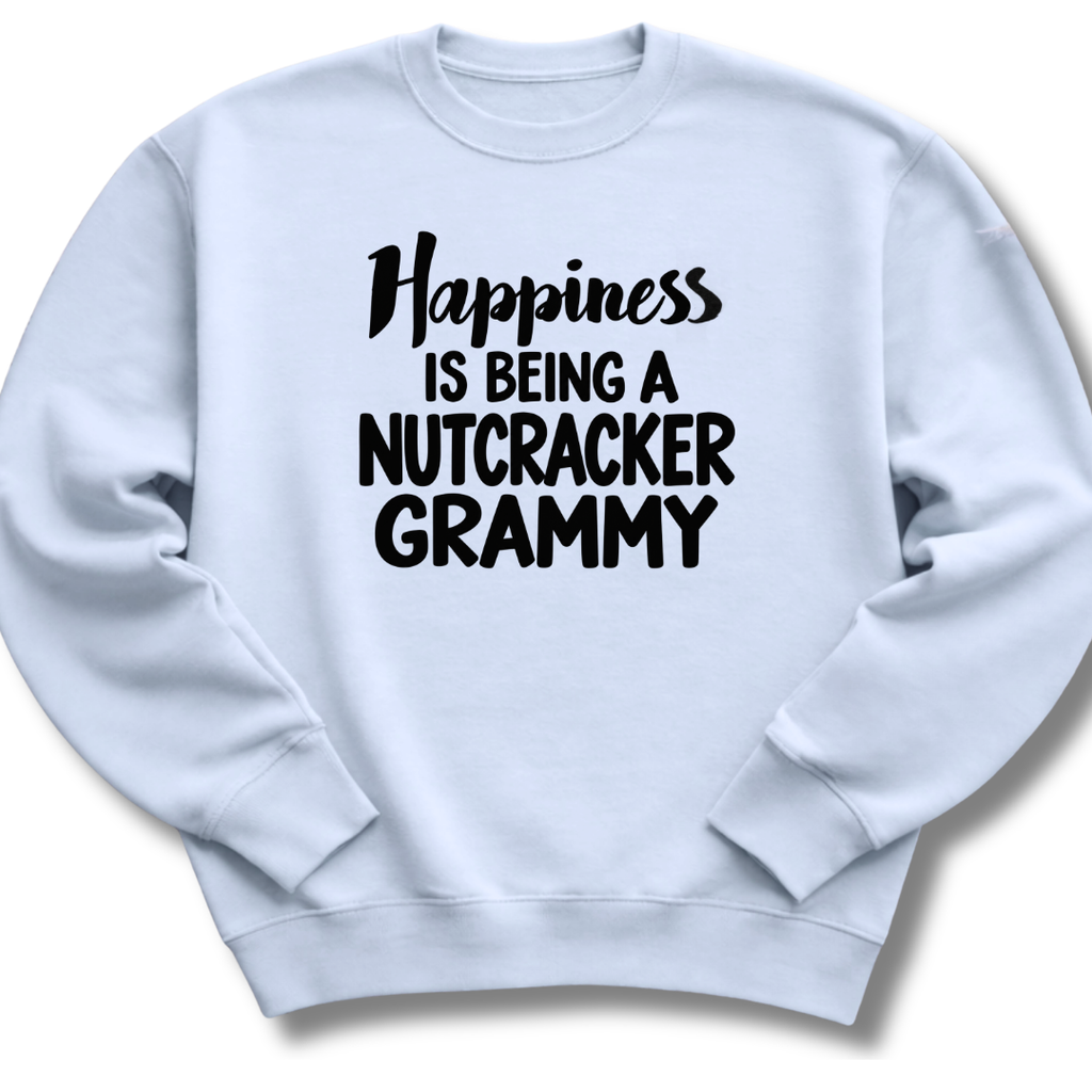 A light blue crewneck sweatshirt featuring a 'Happiness Is Being a Nutcracker Grammy' holiday design.